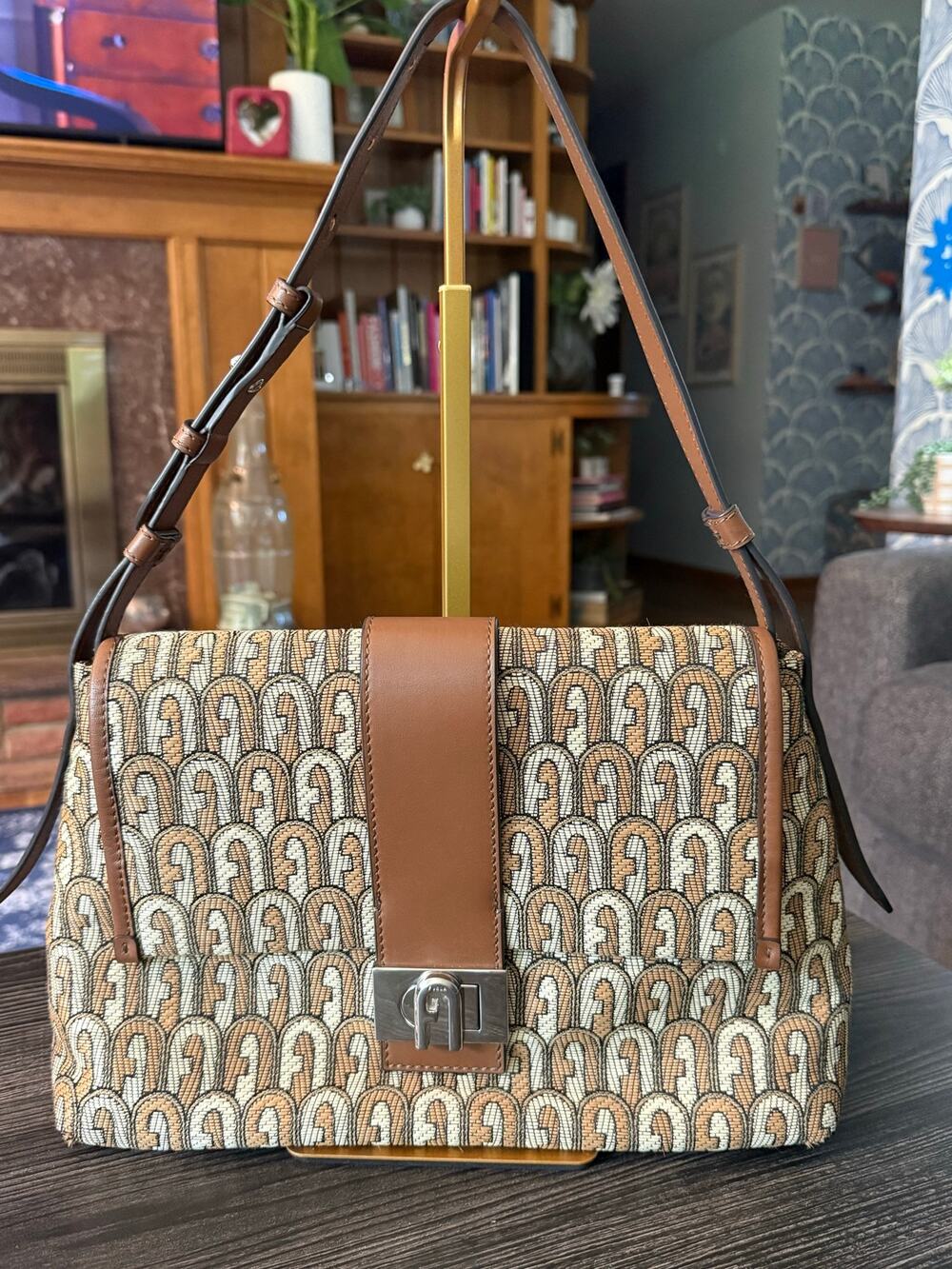 Furla Charlotte Jacquard Arch Logo Monogram Shoulder Bag - Brown/Toni